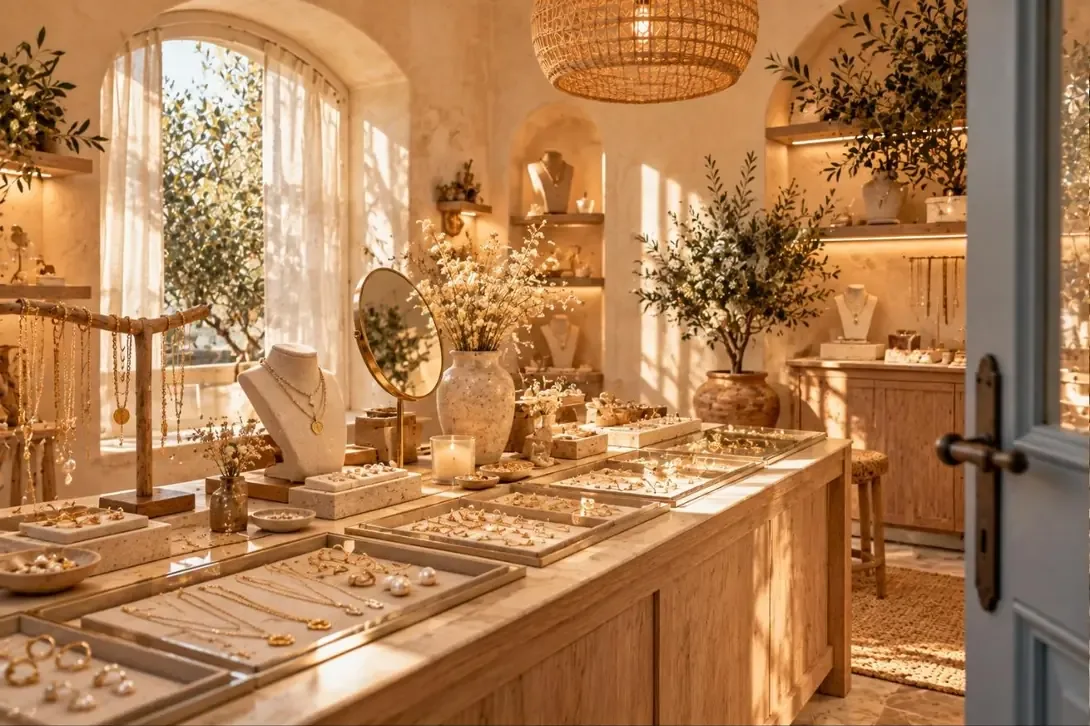 Inside a calm boutique with jewelry and bags