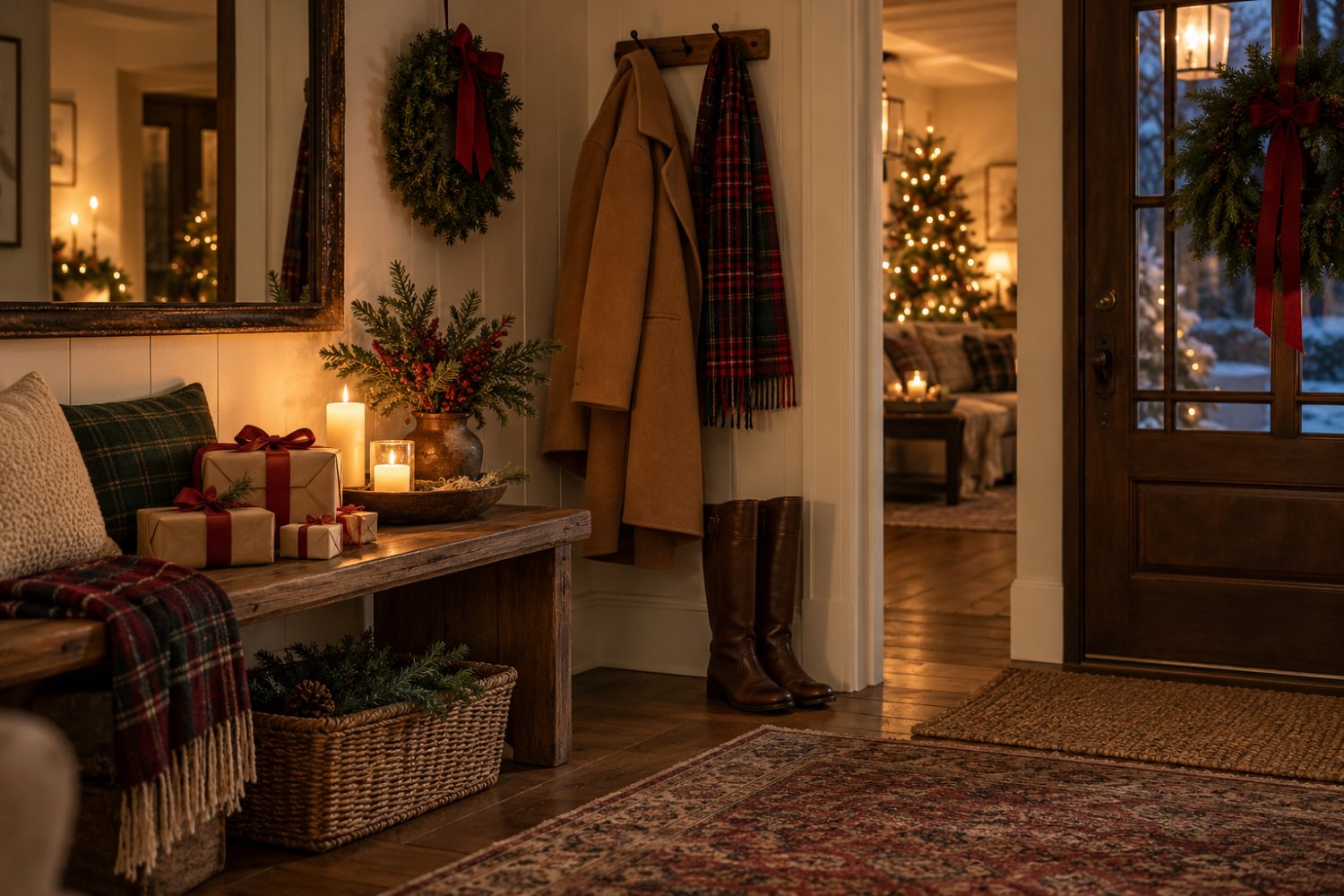A cozy entryway on Christmas Eve with a camel coat and plaid scarf on a hook, boots, wrapped presents and lit candles