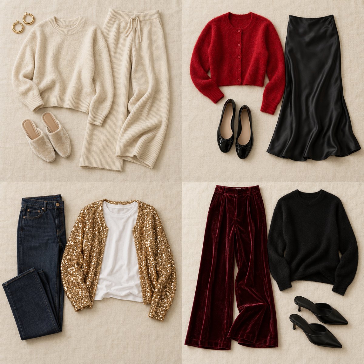 Four cozy Christmas Eve outfits laid out: cream knit set with slippers, red cardigan with black satin skirt, jeans with sequin cardigan, burgundy velvet trousers with black knit
