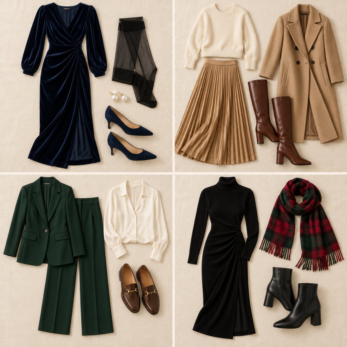 Four Christmas Eve outfits laid out: navy velvet dress with pearls, cream knit with camel skirt and coat, forest green trouser suit, black turtleneck dress with plaid scarf