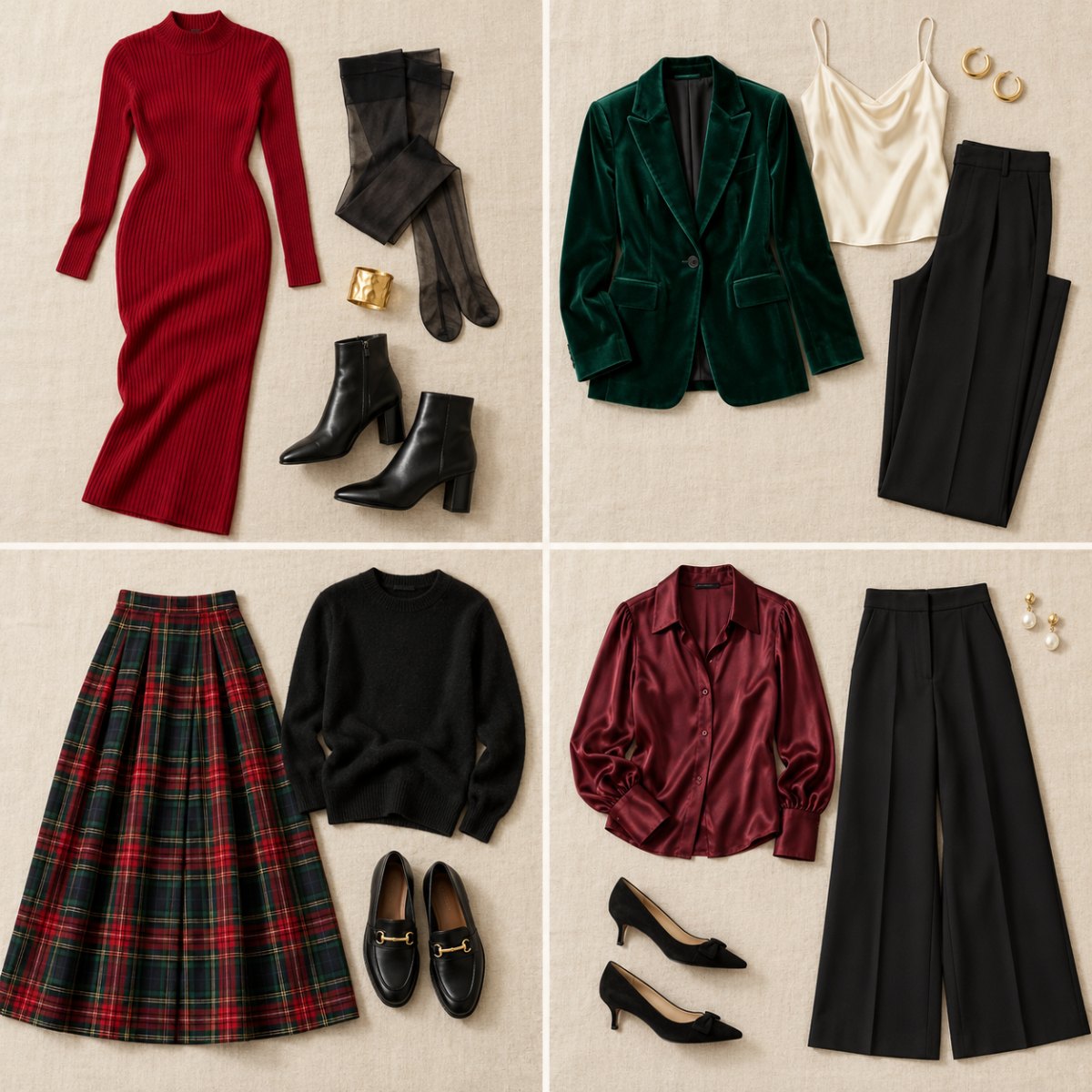 Four Christmas party outfits laid out: red knit dress with black boots, emerald velvet blazer with cream cami, tartan midi skirt with black sweater, burgundy satin blouse with black trousers