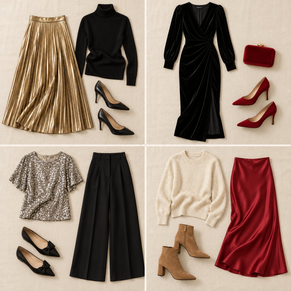 Four Christmas party outfits laid out: gold pleated skirt with black turtleneck, black velvet dress with red clutch, silver sequin top with black trousers, cream sparkle sweater with red satin skirt