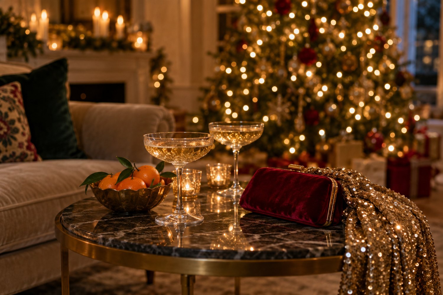 A festive side table at a Christmas party with coupe glasses, clementines, a red velvet clutch and a gold sequin scarf, a lit tree behind