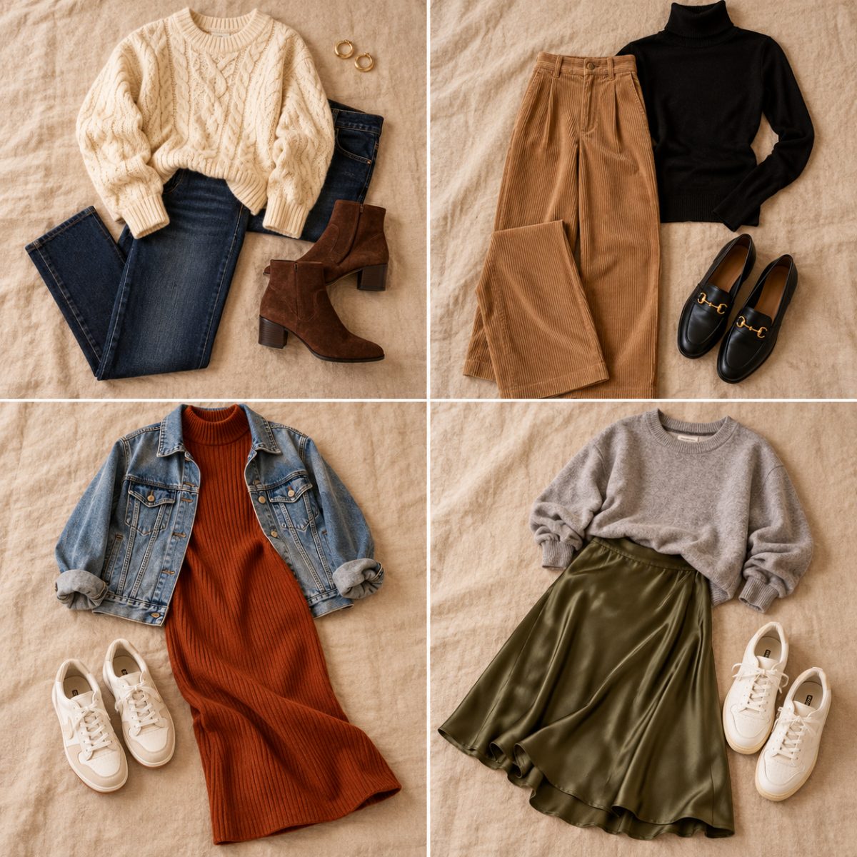 Four easy Friendsgiving outfits laid out: jeans with cable knit, camel cords with black turtleneck, rust knit dress with denim jacket, olive satin skirt with grey sweatshirt