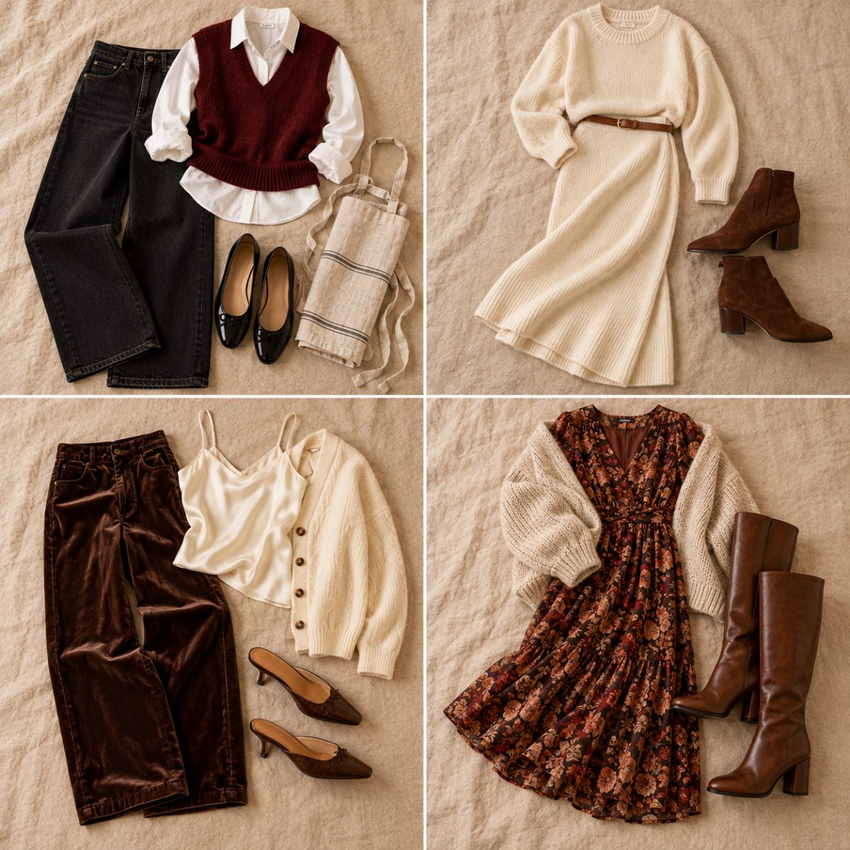 Four Friendsgiving outfits for hosting laid out: black jeans with burgundy vest, cream knit set, chocolate velvet trousers, floral midi dress with cardigan