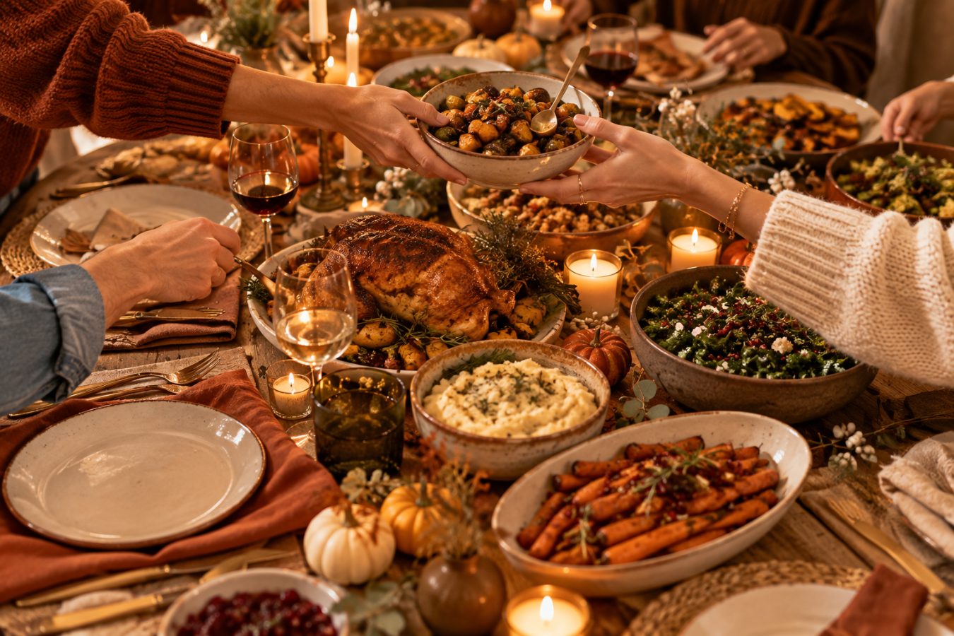 A relaxed Friendsgiving table with friends passing dishes