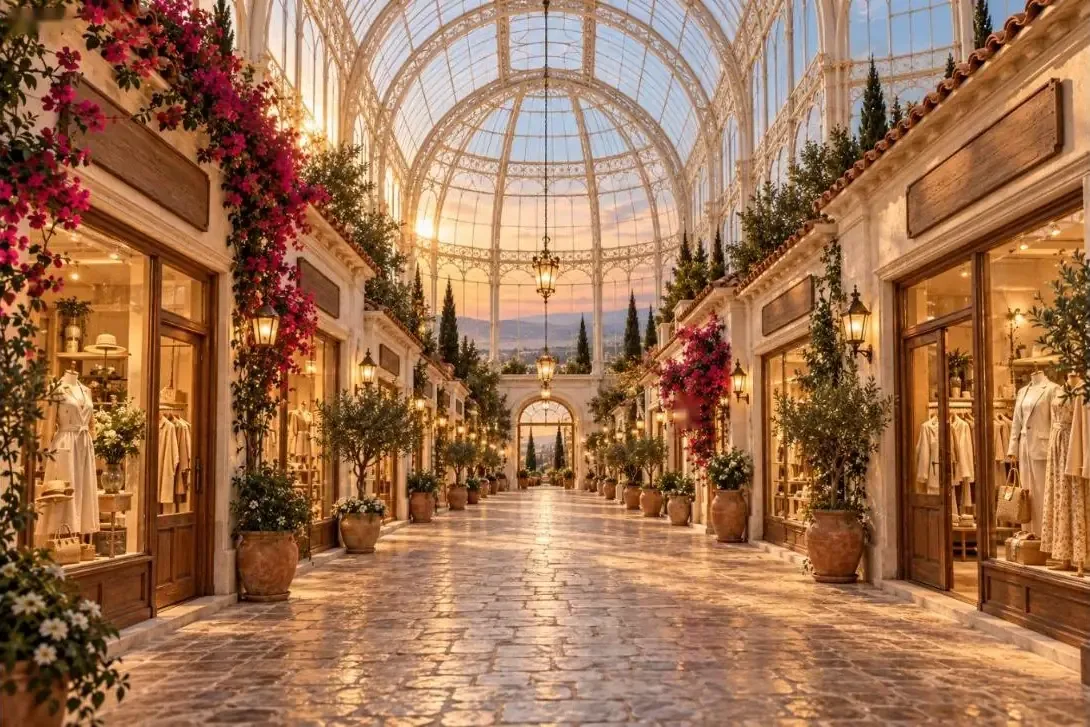 A sunlit village of boutiques under a glass dome at golden hour