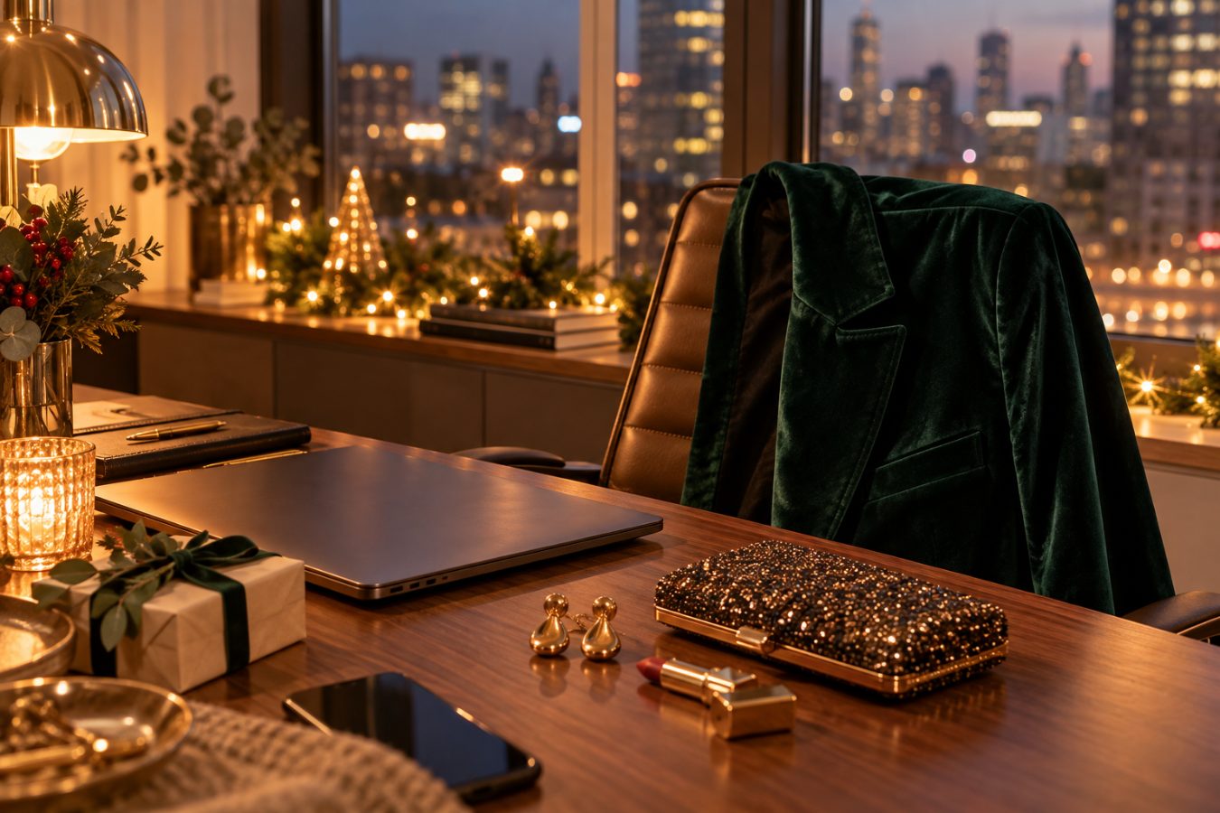 An office desk at evening with a velvet blazer, a sparkly clutch and gold earrings