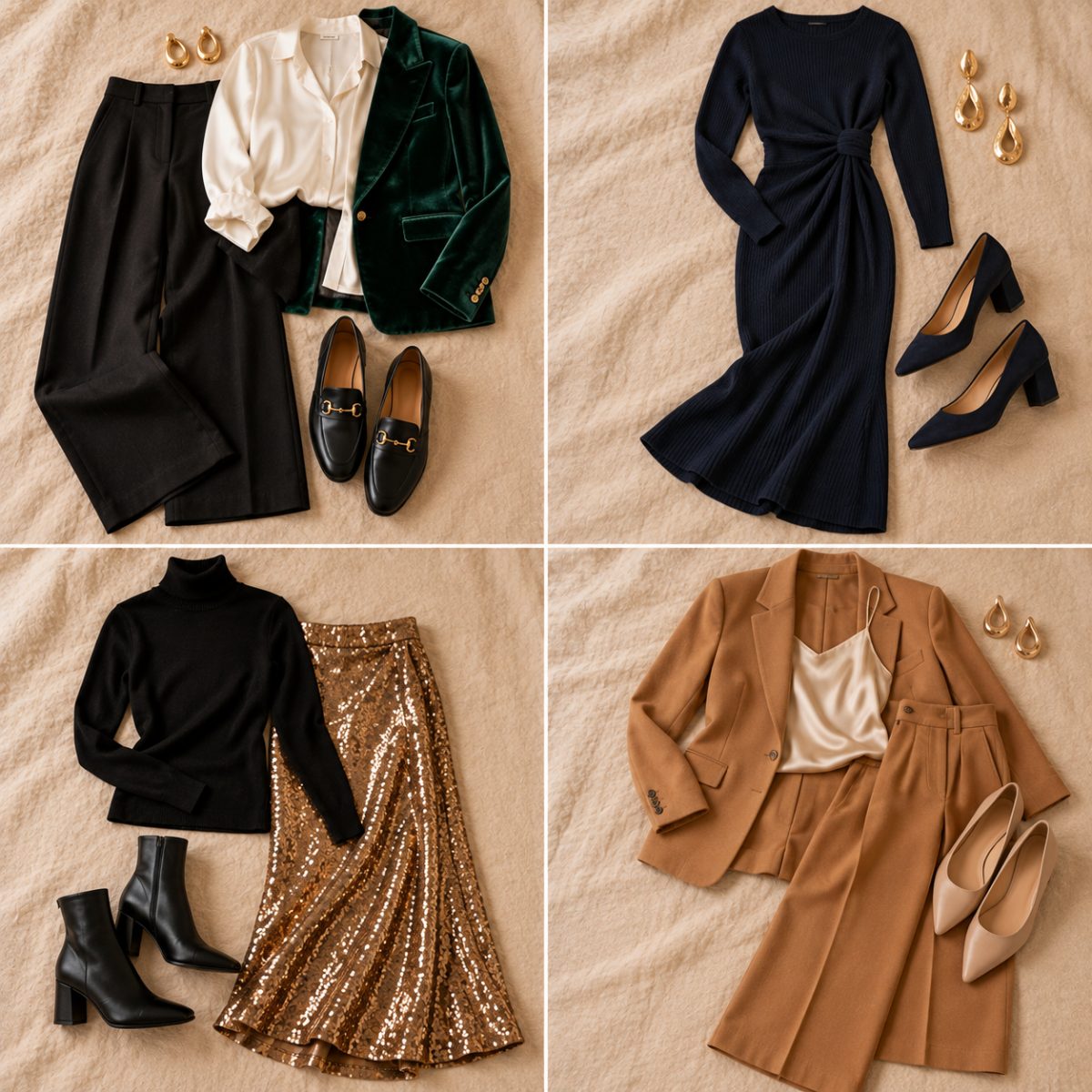 Four office holiday party outfits laid out: velvet blazer with silk blouse, navy knit dress, sequin skirt with turtleneck, camel suit with satin cami