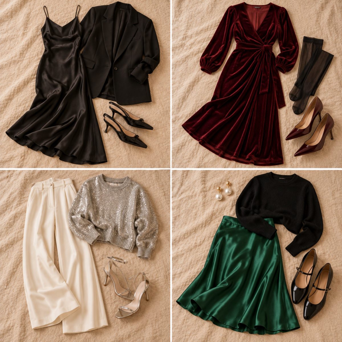 Four dressier holiday party outfits laid out: slip dress with blazer, velvet wrap dress, sparkly knit with cream trousers, emerald satin skirt with black knit