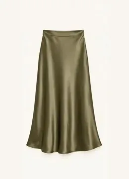 An olive satin skirt