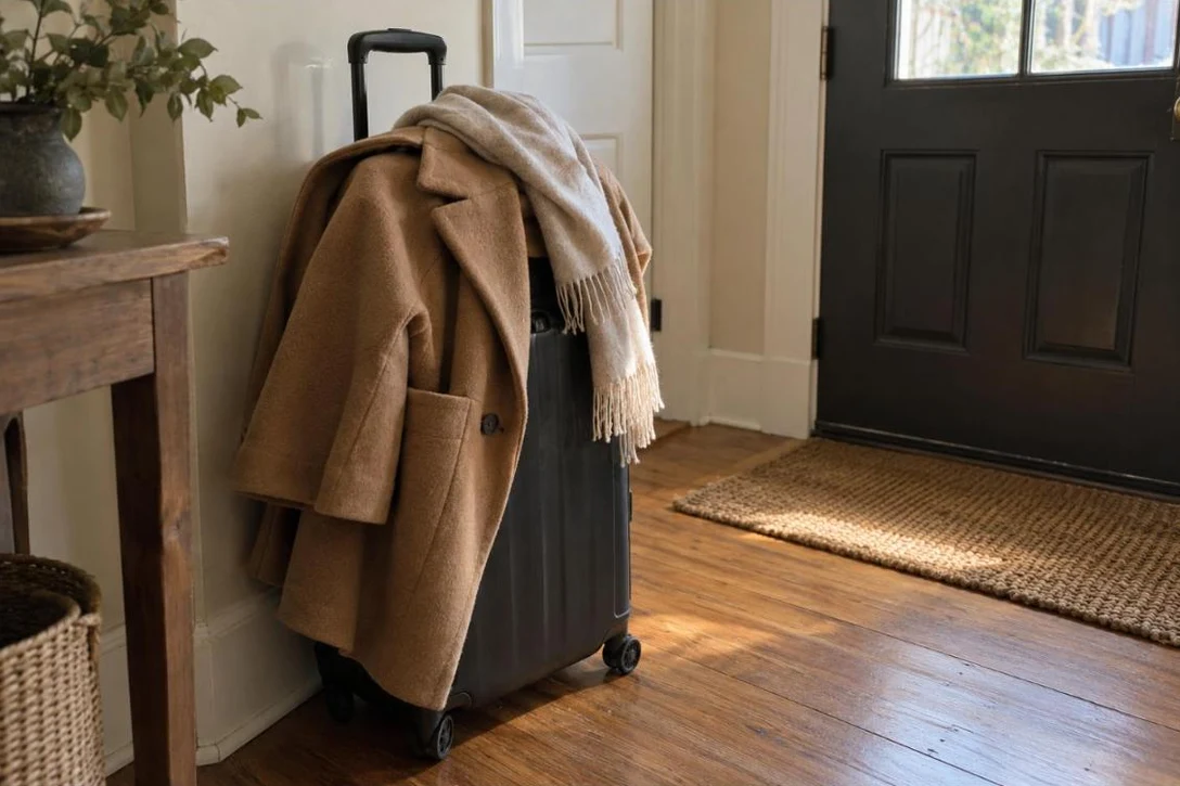 A camel coat over a carry-on suitcase