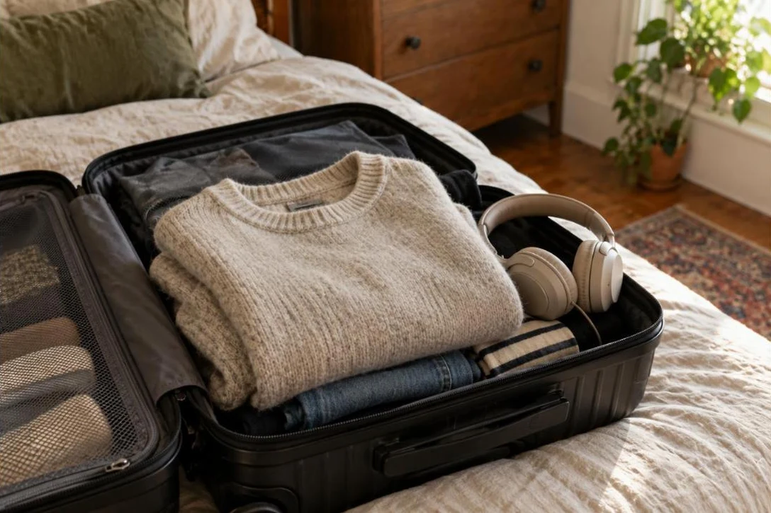 A soft oatmeal sweater in an open suitcase