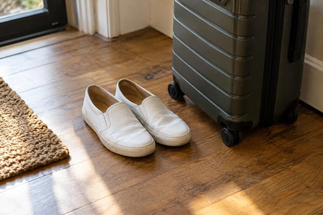 White slip-on sneakers by a suitcase